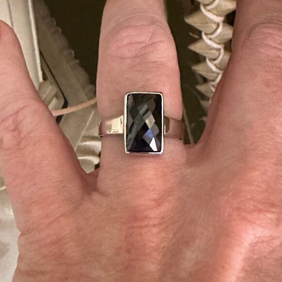 Sterling Silver Black Faceted Simulated Onyx Sterling Silver Ring Size 9 - Picture 4 of 7